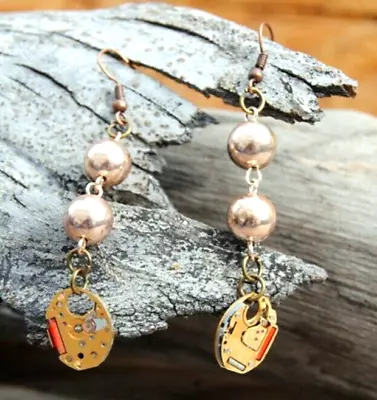Earrings / Bronze Watch Parts + Vintage Gold Beads / Upcycled Jewelry / Dangle • $13.50