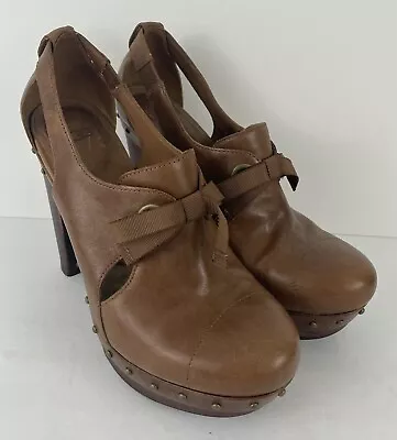 UGG Womens Celestina Brown Leather Heels Stud Details Sheepskin 1001311 SZ 9.5 • $39.95