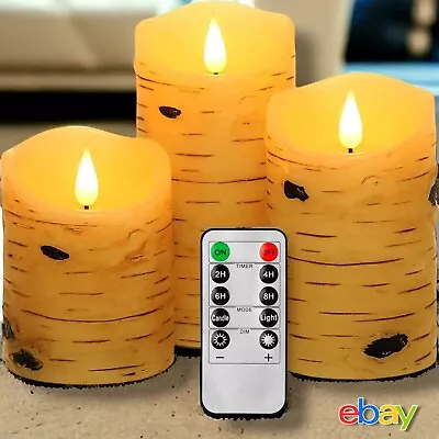 $32.99 • Buy Birch Effect Flameless Wax Candle Moving Flame Battery Operated Candles Set Of 3
