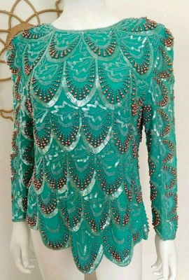 £84.89 • Buy Vintage 80s PIN UP 20s BOHO Beaded Flapper Deco Avant Embellished Dress Top S M