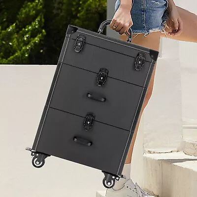 Aluminum Cosmetic Case Professional Trolley Makeup Train Case With Drawer 3-Tire • $89.30