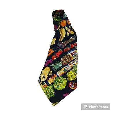 VTG Nicole Miller Novelty Dole/Fruits/Vegetables Black Multi Color Silk Neck Tie • $16.19