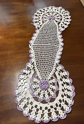 Vintage Hand Crocheted Table Runner Off-white And Lilac Raised Petal  Flowers • $6