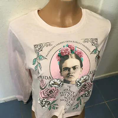 Frida Kahlo I Paint Flowers Graphics Long Sleeve PINK TShirt - Women's Sz M • $12