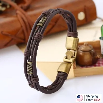 Vintage Mens Leather Wristband Bracelet Brown Rope Bangle Cuff Braided Gift US • $7.99