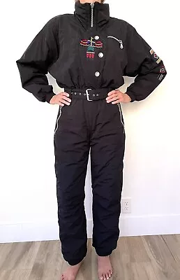 Vintage Kaelin 80s Onepiece Ski Suit Snowsuit Black Sz 8 Aztec Embroidery • $85