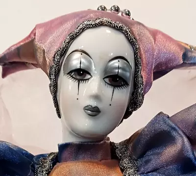 17  Mardi Gras Jester Clown Girl Painted Porcelain Doll Lt. Blue~Peach W/ Stand • $15.59