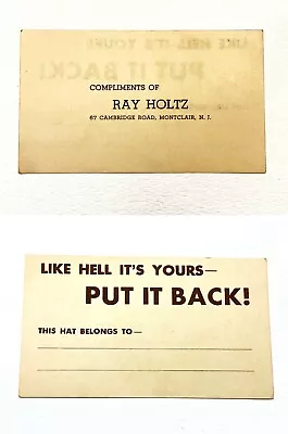 Vtg MONTCLAIR Nj RAY HOLZ Hat Check Ticket • $9.99