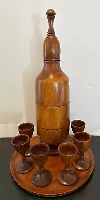 VTG MCM Hand Carved Wooden Decanter 17” W/ 10” Tray And 6 Cordial Goblets • $22