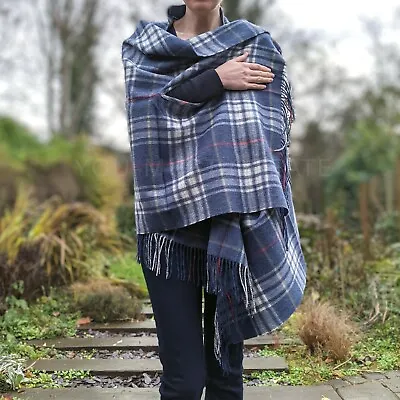 Luxury 100% Wool Blue Tartan Ladies Wrap Scarf Womens Winter Poncho Cape Shawl • £37.99