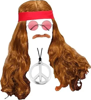 60s 1970s Hippie Men Costume Accessories Wig Bandana Mustache Glasses & Sign • £14.98