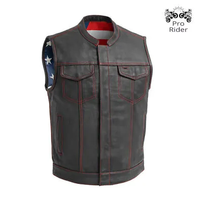 Men Black Leather Motorcycle Vest Fashion Biker American Flag Inner Waistcoat • £95.99