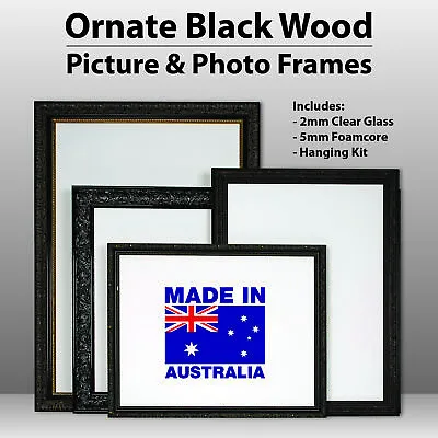 Wooden Ornate Black Classic Black Photo Frame A0 A1 A2 A3 A4  Clear Glass • $69.08