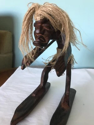$29 • Buy Vintage Carved Wood Skier Tiki Man Wild Hair Grass SKirt SKi Bum 10 