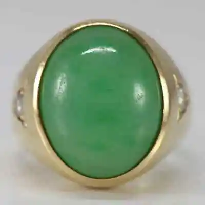 Vintage Oval Natural Green Jade Heavy Men's Ring 14k Yellow Gold Over Jade Ring • $233.28