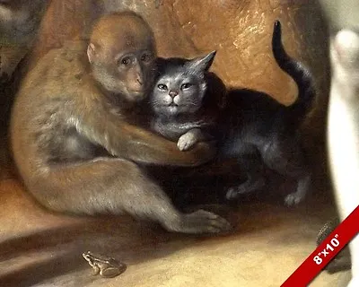 Small Monkey Holding Cat Animal Love Painting Pet Art Real Canvas Print • $14.99