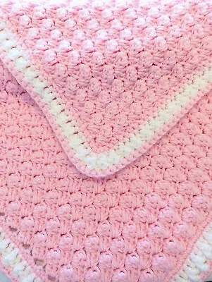 Handmade Crocheted Girls Baby Blanket Afghan Pink And White 30 X29  • $10