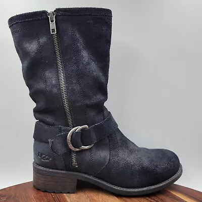 UGG Silva Boots Women's 6.5 Black Leather Biker Riding Buckle Moto Winter Zip • $41.98