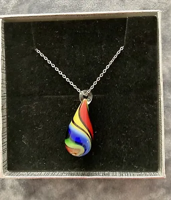 Beautiful 925 Genuine Venetian Murano Glass Rainbow Drop Pendant BN • £13.99