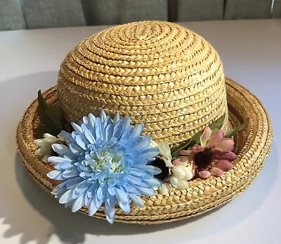 Vntg WOVEN STRAW HAT Rolled Brim Blue Pink Cream SILK FLOWERS. Easter Spring Hat • $15