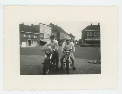 Vintage Snapshot Photo Two Cute Young Men Motorcycles Town Stella Artois 1930s • $11.99