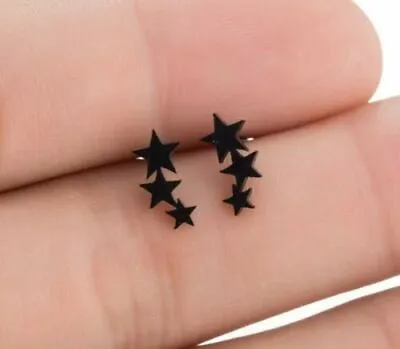 Pair Black Triple Stars Gothic Punk STAR Earrings Stainless Steel Men's Ear Stud • £3.69