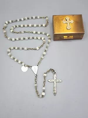 Vintage Rosary & Brass Box Case White Glass Beads Traveling 13  Italy • $15