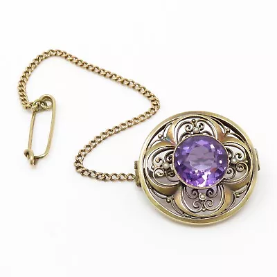 NYJEWEL Vintage 14k Gold Amethyst Seed Pearl Pin Brooch With Chain 27 X 27mm • $7.50