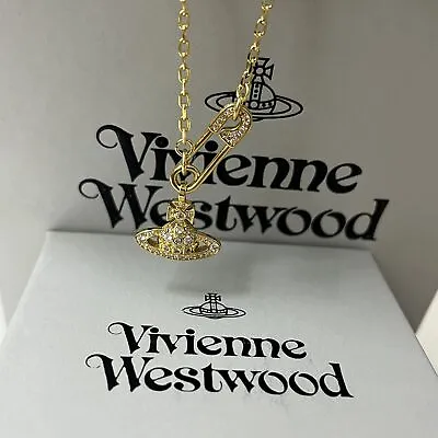 Vivienne Westwood Safety PIN Crystal ORB Chain Necklace Golden Necklace Gift • $22.99