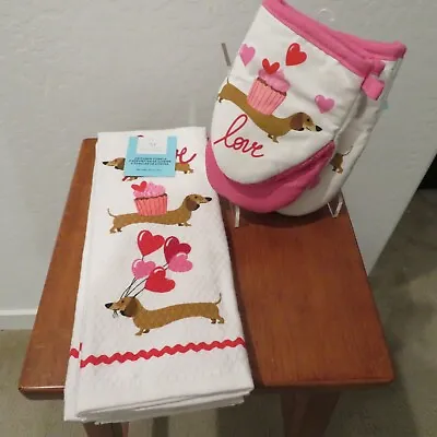 Dachshund Martha Stewart Valentine Kitchen Towels 2 Mini Oven Mitts Love Hearts • $34.99