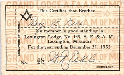 Grand Lodge A F & A M Certificate Lexington Missouri Free Mason Card Vintage 30s • $66.48