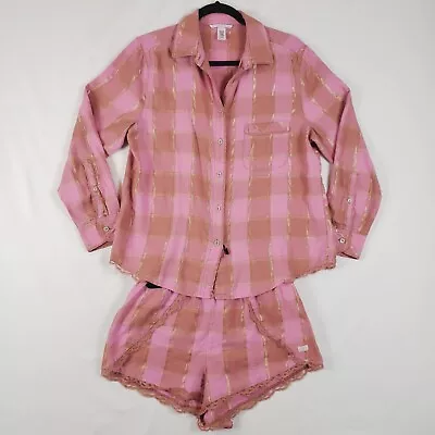 Victorias Secret Pajama Set Womens Medium Pink Plaid Shorts Lace Trim Button Up • $18.99