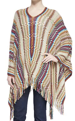 MISSONI Italy $409 Wool Zig Zag Knit Fringe Cropped Sweater Poncho Top One Size • $165