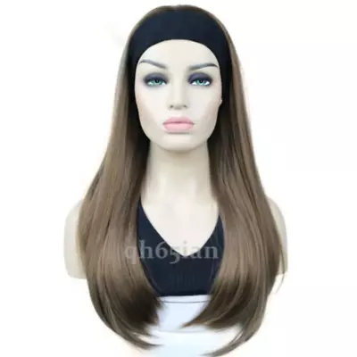 Ladies Wig Long Straight 3/4 Half Wig Hair Head Band Silky Black Natural Wigs • £16.56