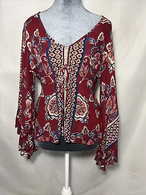 Anthropologie Altar’d State Red Floral V Neck Bell Sleeve Top Blouse Small • $15