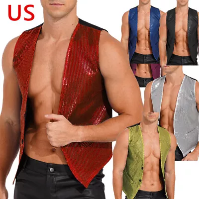 US Mens Sequin Vest Shiny Slim Fit Stylish Tuxedo Waistcoat Sleeveless Jackets • $14.59