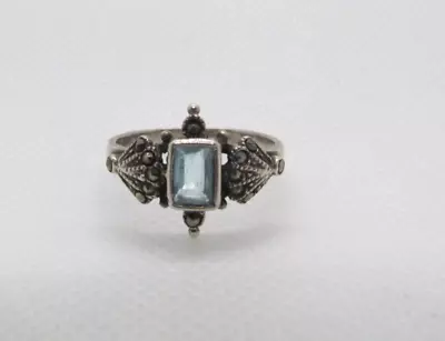 Vintage Sterling Silver Genuine Aquamarine Gemstone And Marcasite Ring Sz 8 925 • $32