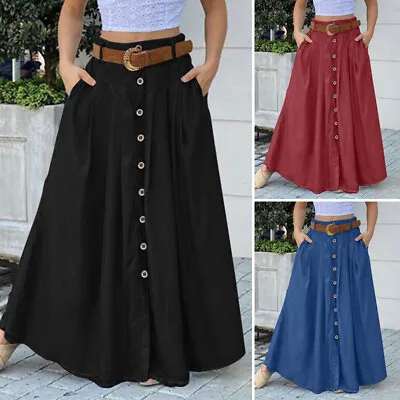 Autumn Women High Waist Front Buttons Long Skirts Casual Loose Maxi Dress Plus • £14.21