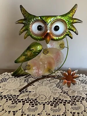 Metal Owl Sculpture With Natural Capiz Shell Feathers Green On Metal Stand • $14.95