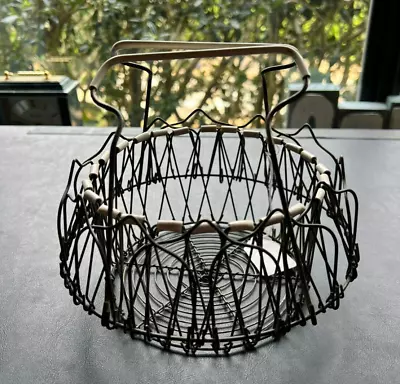 Vintage  French Wire  Egg Fruit Basket W/Enamel Covered Folding Handles • $24.50