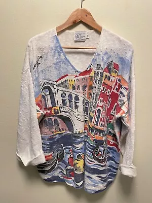 Michael Leu Womens Shirt Size 1X Hand Painted Venice All Over Color Art To Wear • $34.88