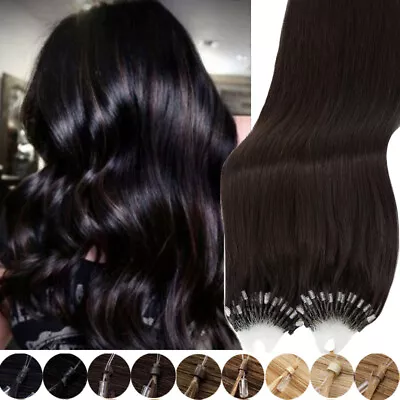 Black 1G 200S Remy Micro Loop Ring Bead Human Hair Extensions Full Head Pre Bond • $78.68