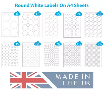 Round Labels Circular A4 Inkjet & Laser Printer Stickers White Paper Circles • £4.50