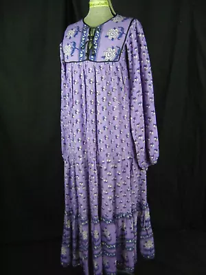 Vtg 70s Purple Black White Indian Gauze Midi Hippie Cotton Dress-Bust 31/3XS-2XS • $24.98