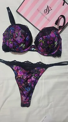 Victoria Secret Very Sexy Lace Push Up Shine Bra 36c L Thong Moody Floral NWT • $87