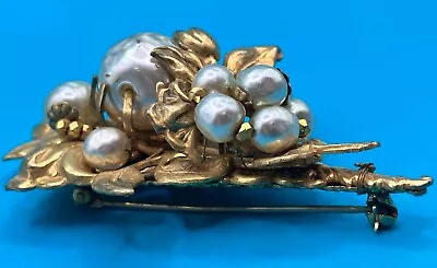 Vintage Miriam Haskell Pearl And Gold Toned Leaves Brooch/Pin 22 Grams 2 5/8 In. • $110