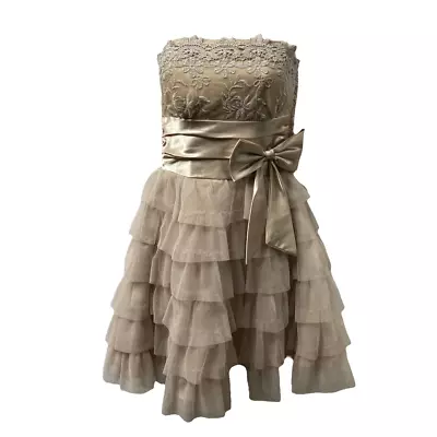 Masquerade Womens Fit & Flare Tiered Dress Beige Floral Lined Strapless Lace 7/8 • $36.99