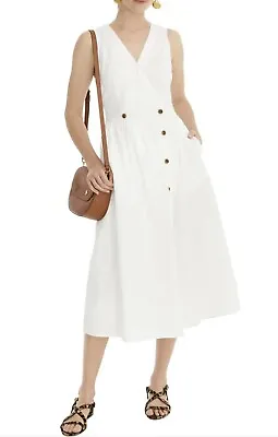 J.Crew  White Cotton Poplin Midi Classic Shirt Dress Faux Wrap  Button Pockets • $69.99