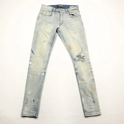 Se'renede Mens Size 32x33 Blue Distressed Splatter Acid Wash Skinny Stretch Jean • $15.42