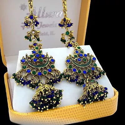 Antique Vintage Art Nouveau 14k Gold Plated Mughal Paste Wedding Earrings 42.1g • $100